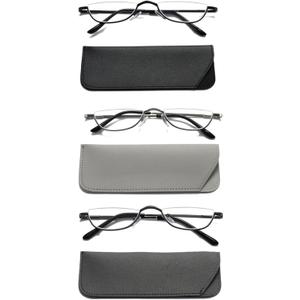 Viseng Half Frame Reading Glasses for Women Men Slim Half Moon Lens Readers Metal Semi Rimless eyewear Black+Gray+Silver (+2.5)