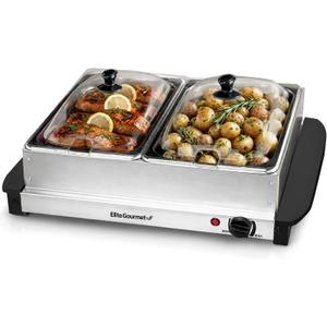 Elite Gourmet EWM-6122 Dual 2 x 2.5 Qt. Trays, Buffet Server, Food Warmer Temperature Control, Clear Slotted Lids, Perfect for Parties, Entertaining & Holidays, 5 Qt Total, Stainless Steel