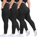 HLTPRO 3 Pack Plus Size Leggings with Pockets for Women - Black High Waisted Tummy Control Soft Yoga Pants for Gym Workout (Large-X-Large Plus)