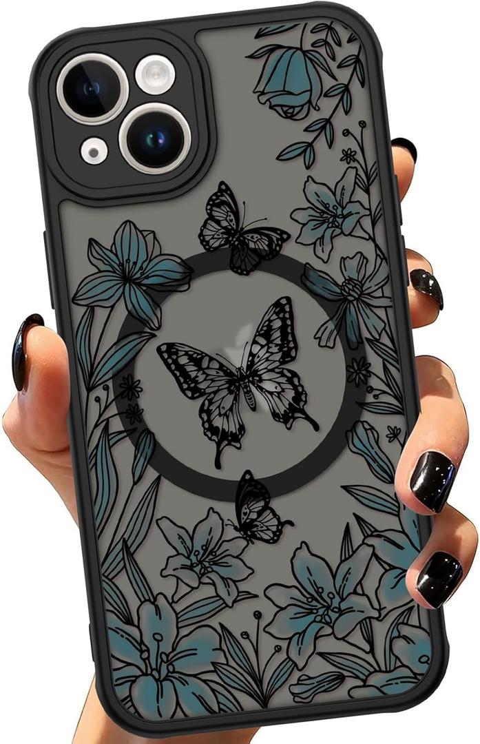 ZIYE for iPhone 14 Plus, Magnetic Matte Phone Case [Compatible with MagSafe] [Butterfly Lily Pattern Design] Black Bumper Hard Back Shockproof Cover for Women Girls (iPhone 14Plus) - Butterfly