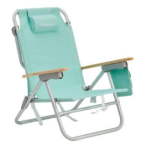 SUNNYFEEL Low Back Folding Beach Chair, Aluminum Heavy Duty Beach Chair with 3 Reclining Position, Portable Camping Chair for Adults with Wood Armrest, Lightweight Camping Chair 300lbs, Green
