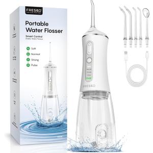 FRESKO Water Dental Flosser for Teeth, 300ML Cordless Flosser with Constant Pressure, Rechargeable Oral Irrigator Cleaner for Travel Home Use and Braces Care, IPX7 Waterproof, 5 Jet Tips (White)