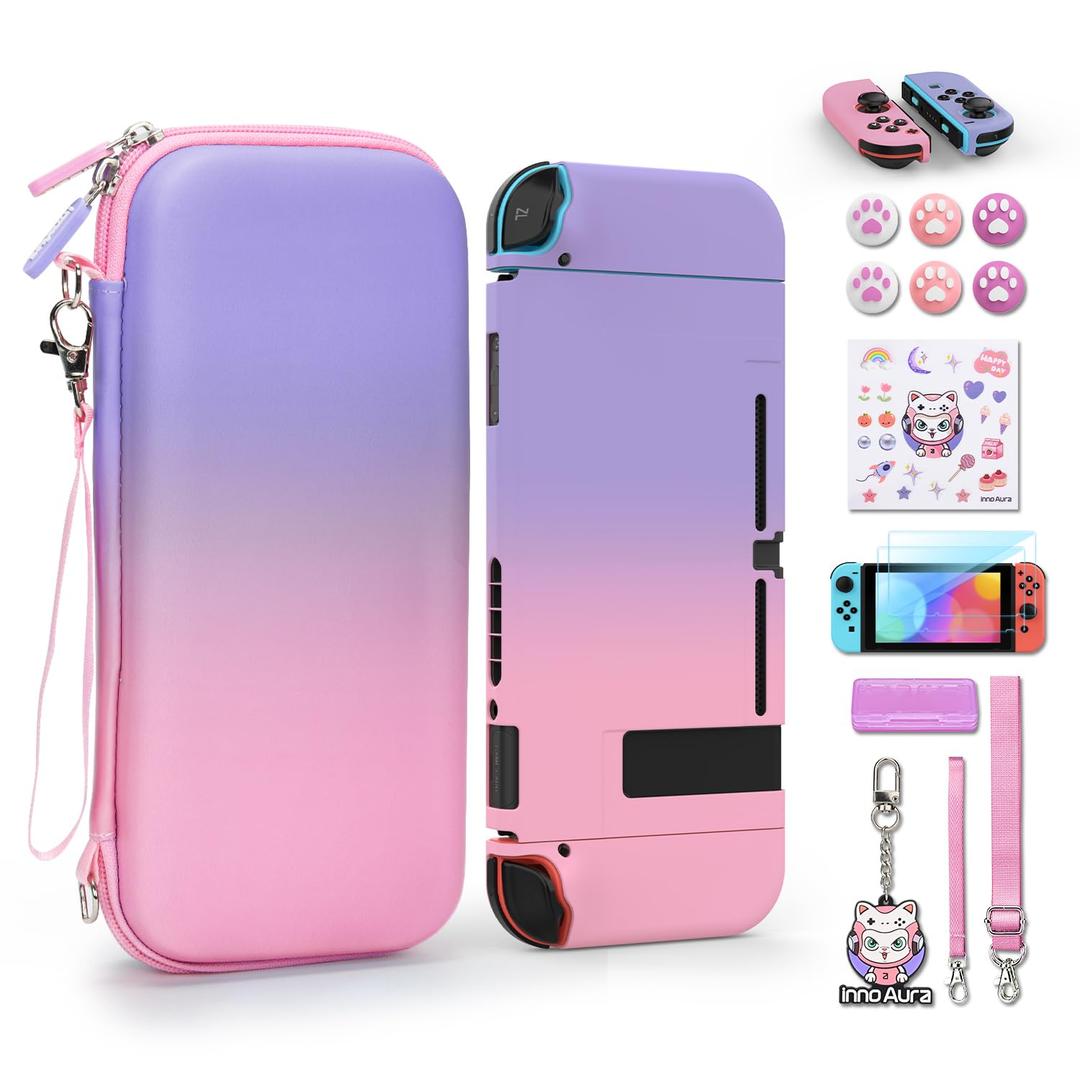 innoAura Switch Case, 17 in 1 Accessories Bundles with Carrying Bag, Game Case, Screen Protector & Cute Pendant (Pink-Purple Gradient)