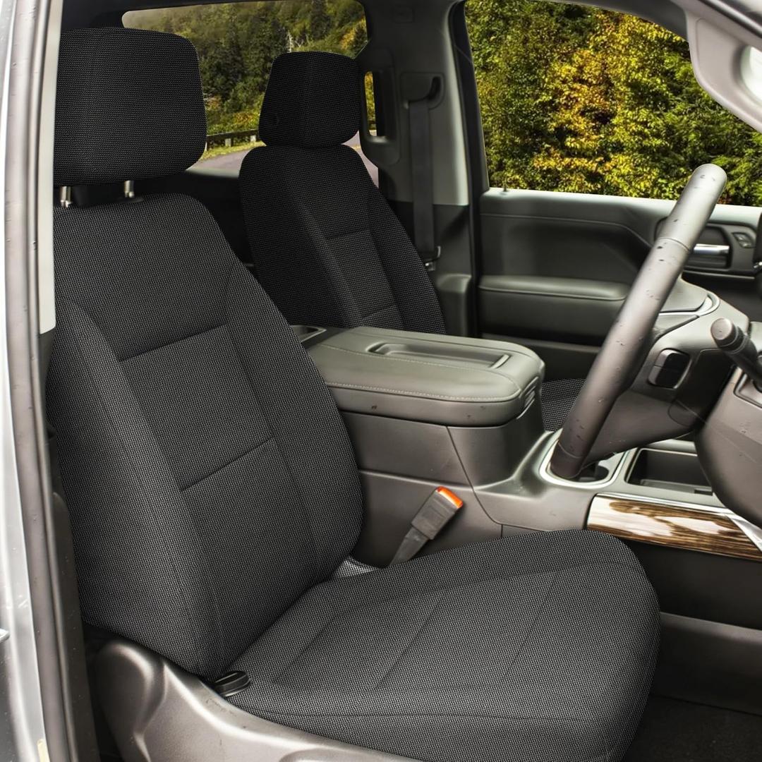 Front Heavy-Duty Seat Covers for Chevy Silverado GMC Sierra 1500 Crew Cab 2019-2026 Durable Cloth Composite Foam with Headrest and Console Covers-Black