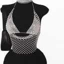 SweatyRocks Women's Rhinestone Fishnet Crop Halter Top Club Party Tops Sexy See Through Tops, Deep V Cowl Neck, Sleeveless, Tie Backless, Cropped, 2 In 1 Streetwear, M