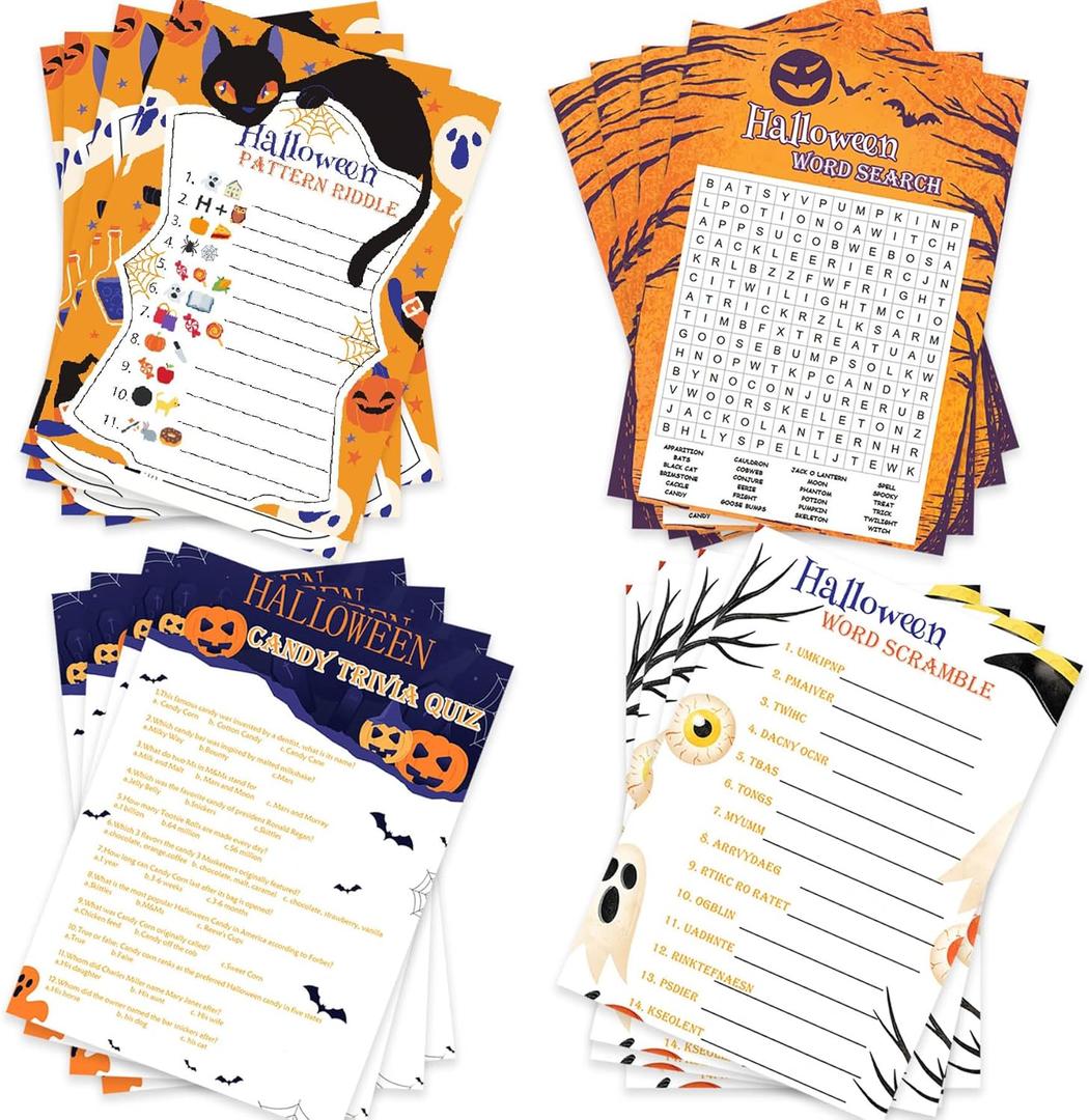 Halloween Party Games 129pcs Halloween Card Games for Adults/Teens Word Scramble Word Search Candy Trivia Card Games for Halloween Birthday Party Activity Classroom Ice Breaker