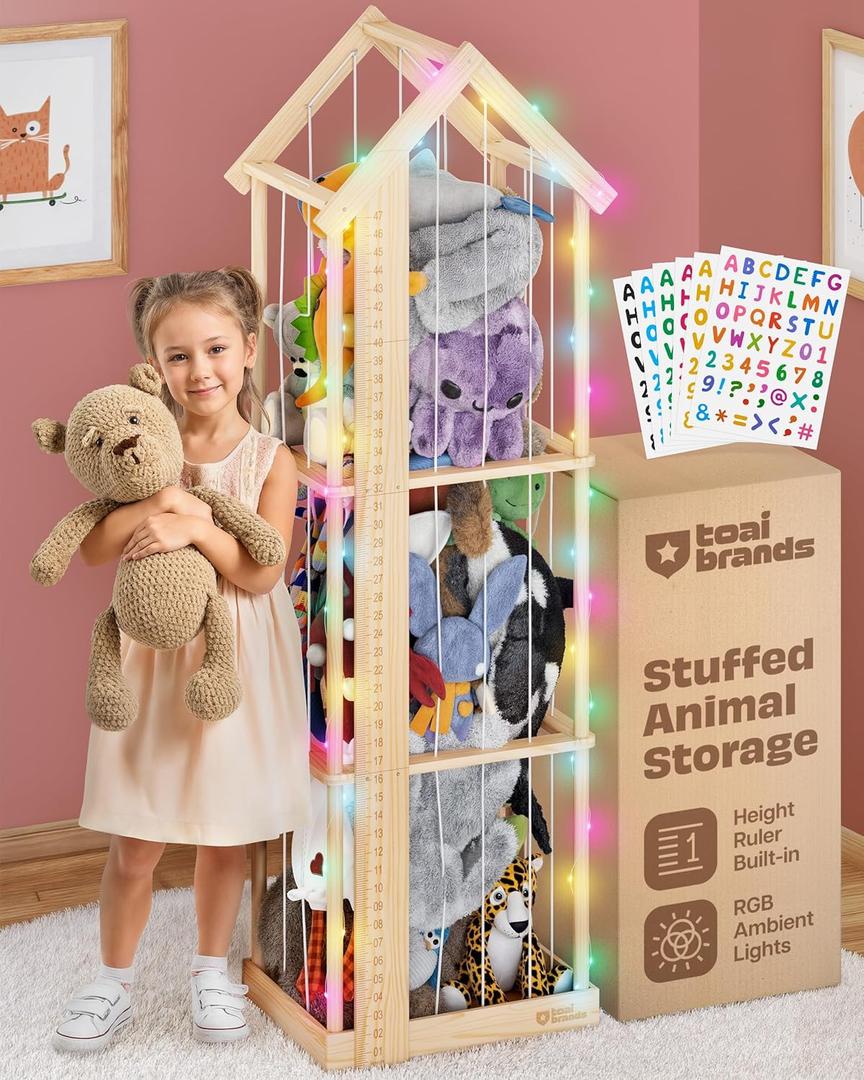 Stuffed Animal Zoo Storage Cage | Wooden Plush Tower Storage | Durable Plush Toy Stuffie Holder | Vertical Jail Organizer with Height Ruler, Stickers & RGB Light (Large)