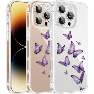 Cute Girly Crystal Clear Case Compatible with iPhone 16 Pro Max, Camera Control & Shockproof Protection Floral Case for Women, Black-Purple Butterflies