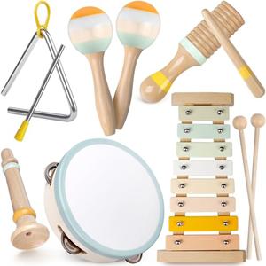 Baby Musical Instruments - Neutral Colors Musical Toys for Toddlers 1-3, Montessori Wooden Percussion Instruments Set with Modern Boho Xylophone Tambourine, Kids Preschool Educational Birthday Gifts