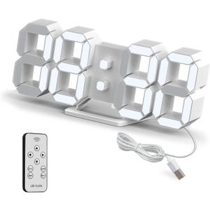 Deeyaple LED Clock, 3D Digital Wall & Desk Alarm Clock with Snooze, Dimmable Display, Time Memory, 12/24H Date & Temperature, Remote Control Night Light for Bedroom, Office, Kitchen, Home (White)