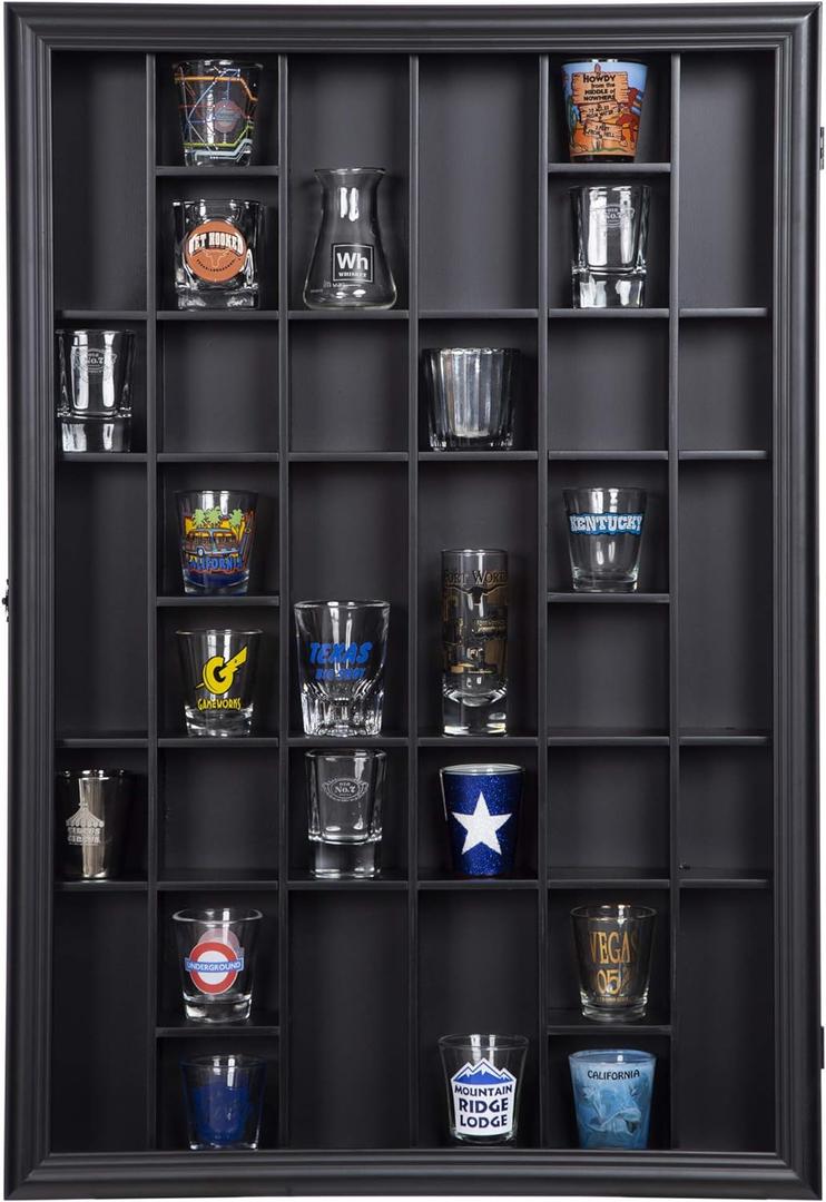 Gallery Solutions - Black Wall-Mounted - Curio & Shot Glass Display Case - 17"x26" Glass Door - Bar Accessories - Collectible - Miniature Glassware - Bar Accessories (17" x 26", Black)