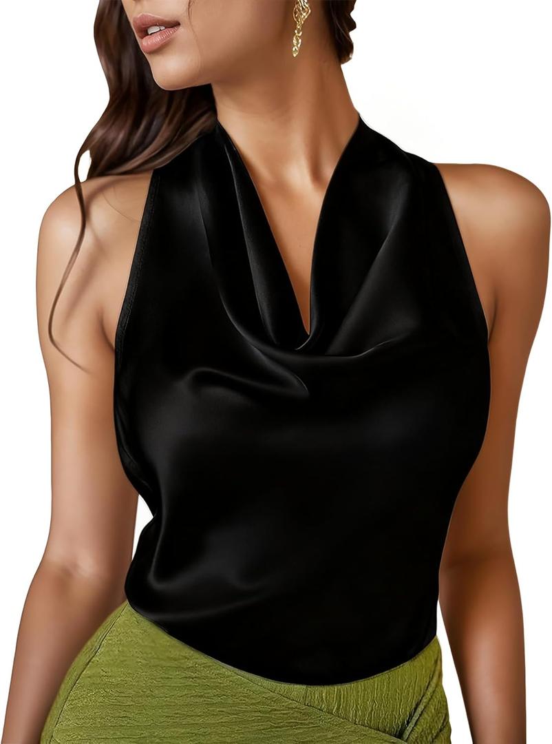 LAOTEPO Cowl Neck Halter Tops for Women Silk Satin Going Out Tank Top Trendy Summer Camisole Business Casual Blouses Outfits (Black, M)