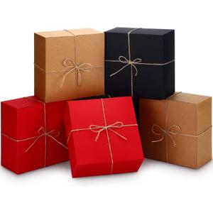 Spiareal 12 Pcs Christmas Boxes with Lids 8'' x 8''x 4'' Square Kraft Boxes with Twine for Xmas Gift Wrapping Holidays Wedding Birthday Party (Red, Black, Brown)