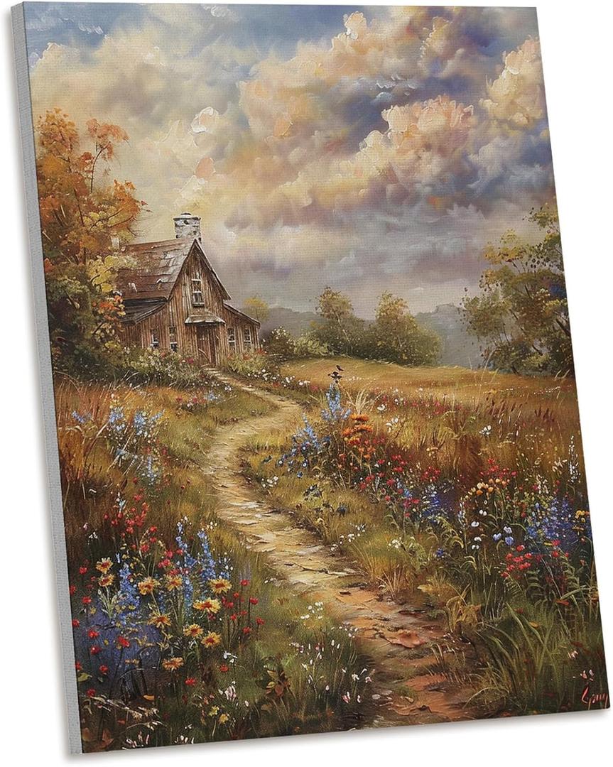 AEHIE Vintage Fall Flower Farmhouse Wall Art Decor, Autumn Cottagecore Wildflower Landscape Framed Canvas Wall Art, Farmhouse Country Fall Decorations for Home Bedroom Living Room11x14 (color 3)
