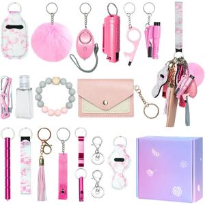 Safety Keychain Set for Women, Safety Keychains for Women Accessories Kit with Card Holder, Bottle Opener (Pink)