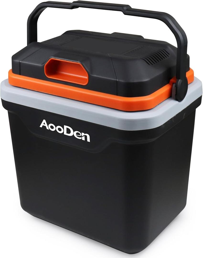 Electric Car cooler and Warmer, 26 Quart Capacity, Thermoelectric Iceless Cooler for Travel, Camping, Vehicles, Truck, Home - 12V/24V DC and 120V AC (Black & Orange)