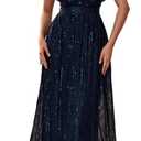 Giffniseti Women's V Neck Sequin Ball Gown Formal Maxi Dress A-Line Prom Evening Party Gowns (Blue)
