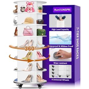 7 Tier Rotating Shoe Rack with 4 Universal Wheels, 360° Revolving Free Standing Shoe Organizer, Multifunctional Storage Revolving Shoe Rack Tower, Spinning Shoe Racks Display Lazy Susan Equipped