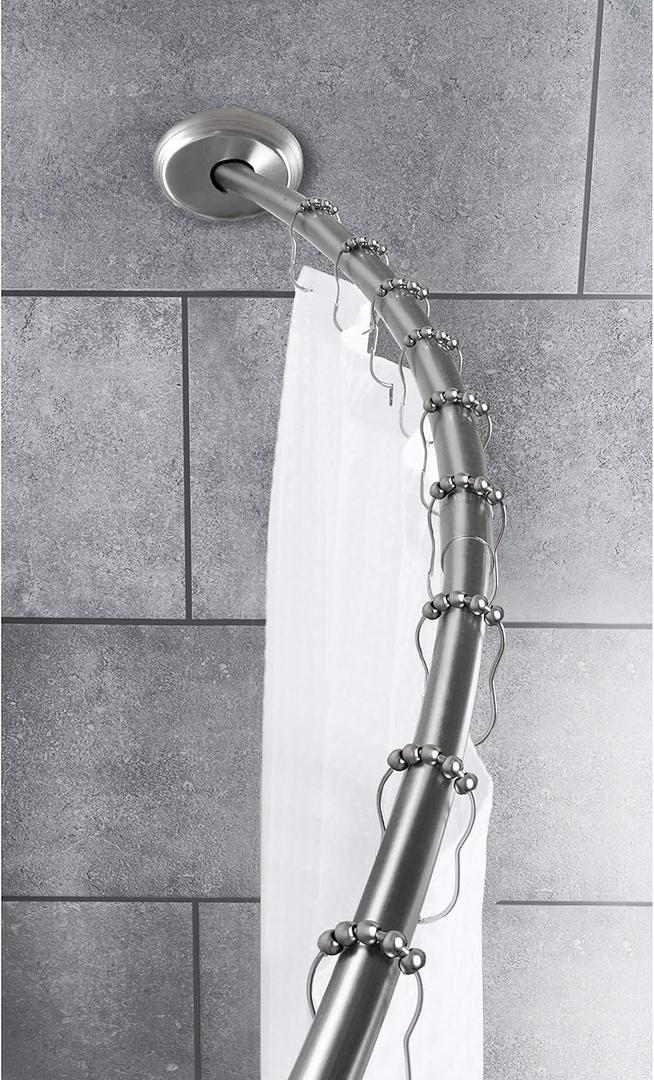 Silver Shower Curtain Rod Curved, Dual Mount Shower Curtain Pole For Bathroom Shower Curtain Bar Adjusts from 50 inches to 72 Inches, Metal