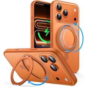 360 Degree Rotatable Ring Bracket Clear Magnetic Phone Case for iPhone, Compatible with MagSafe (Orange,iPhone 17 Pro)