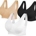 Womens Sports Bras, Yoga Comfort Seamless Workout Fitness with Removable Pads Wireless Stretchy Sports Bra for Women 3 Pack(Black+White+Nude, Large)