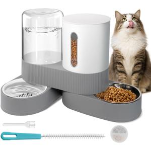 Automatic Gravity Cat Dog Feeder and Water Dispenser with 304 Stainless Steel Bowls 2 in 1 360 Degree Rotatable Auto 2.4L Dry Food and 2.6L Water Bowl for Small Medium Pet Dog Puppy Kitten (Gray)