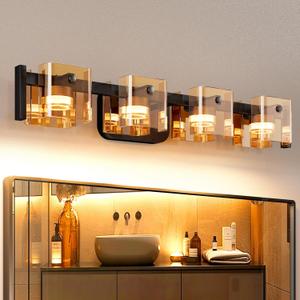 JACKYLED Bathroom Light Fixture, Modern 4-Light Vanity Lights with Art Glass Shades, 3 Color Temperatures LED Bathroom Lighting Fixture Over Mirror, 20W 1200 Lumen 30 Adjustable, Amber Glass