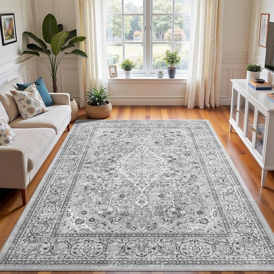 4x6 Grey Washable Boho Area Rug for Bedroom, Vintage Floral Non Slip Living Room Rugs, Soft Low Pile Indoor Mat, Aesthetic Pattern Carpet for Kitchen, Dining Room and Bedside