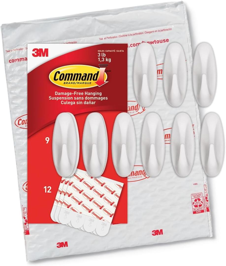 Command Medium Designer Hooks, Damage Free Hanging Wall Hooks with Adhesive Strips, No Tools Wall Hooks for Hanging Decorations in Living Spaces, 9 White Hooks and 8 Command Strips