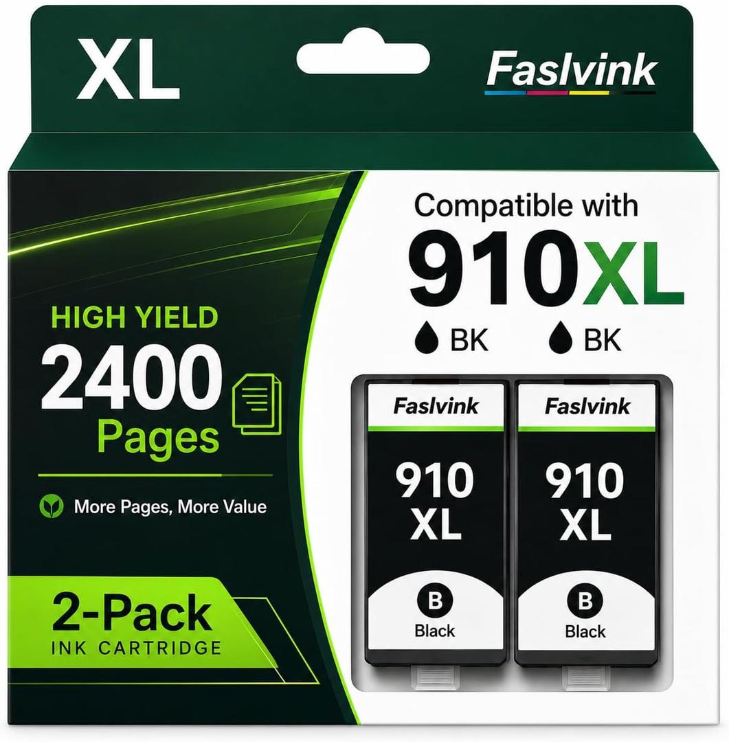 Compatible for HP 910XL Black 2 Pack Replacement for HP 910 XL Black Ink Cartridges High Yield Compatible with HP OfficeJet Pro 8020 8025 8028 8030 8035 8010 8015 Series Printers