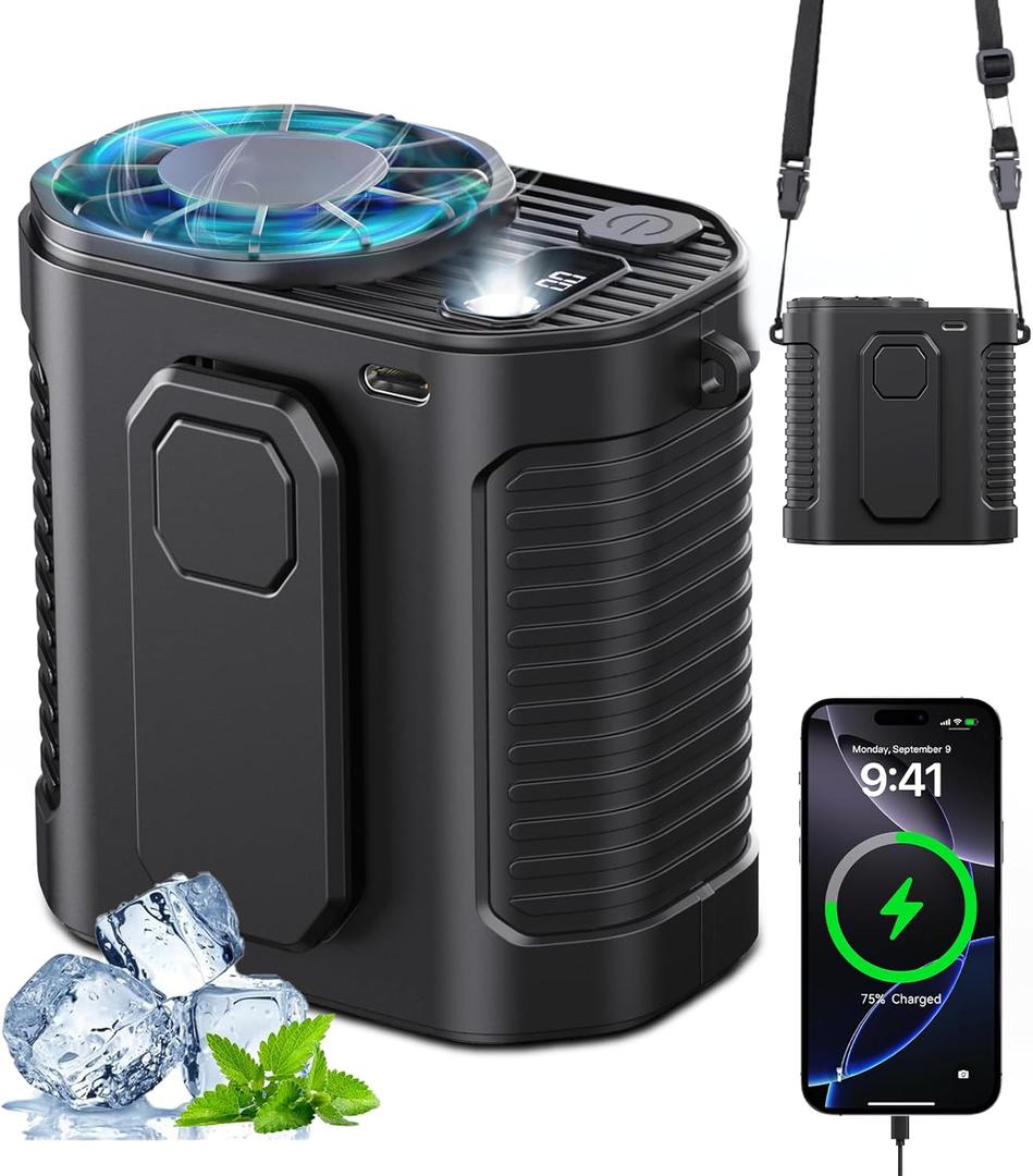 Portable Waist Fan, 10-Speed Body Fan with LED Light, Hands-Free Wearable Belt Clip Waist Fans, 10000mAh Personal Rechargeable Fans, Dual Clips & Power Bank, 15000RPM for Camping, Outdoor, Jobsite (Black)