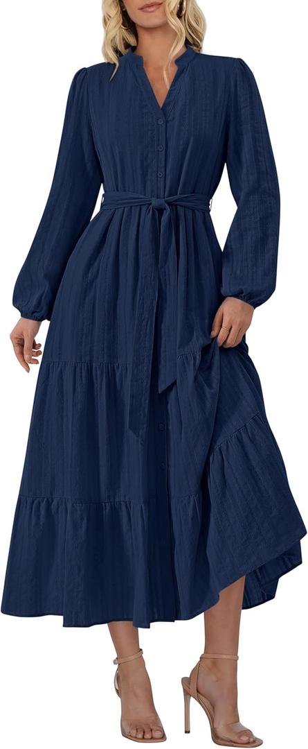 PRETTYGARDEN Womens V Neck Long Sleeve Maxi Dresses 2026 Spring Casual Button A Line Flowy Formal Wedding Guest Cotton Dress (L)