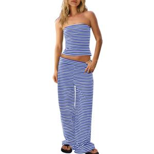 Panadila Womens Striped Two Piece Sets Summer Lounge Outfits Sailor Tube Top and Pants Matching Set Beach Vacation Travel Y2k (Large, Royal Blue Combo)