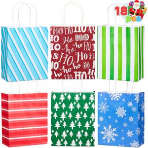 JOYIN 18 PCS Christmas Paper Gift Bags with Handles, Xmas Goodie Bags Snowflakes Christmas Trees for Festivals Birthdays Party Supplies, Holiday Present Packing (9"x 3.5"x 7.3")