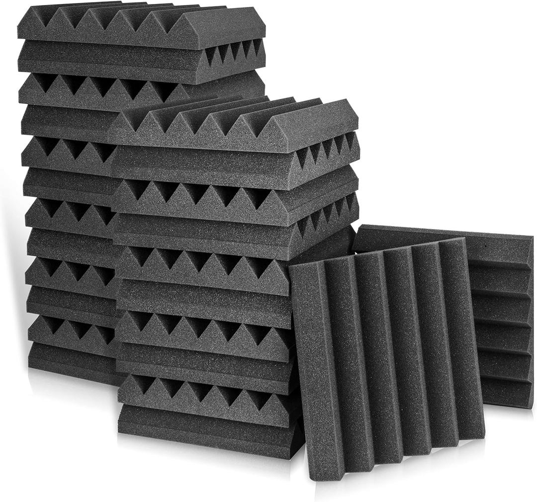 Sonic Acoustics Acoustic Foam Panels 2" X 12" X 12" Sound Absorbing Panel, Studio Wedge Tiles, Sound Panels Wedges Soundproof Foam Sound Insulation (24 Pack, Black)
