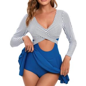 NESY Long Sleeve Swimsuits for Women Rash Guard V Neck One Piece Bathing Suit Swim Dress Woman Swimwear Swimdress UPF 50+ (Large, 2-striped Blue)