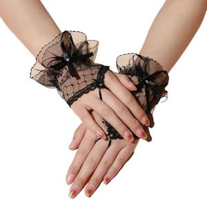 AUOCATTAIL Lace Gloves White Hand Sleeve Lace Elastic Bracelet Ruffled Floral Wrist Cuffs for Bridal Wedding Masquerade ( Black, S) Pack of 2