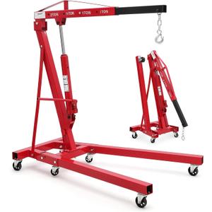 2-Ton Folding Engine Hoist Cherry Picker 4400 Lb Capacity Hydraulic Shop Crane with Telescoping Boom 6 Caster Wheels for Automotive Repair Garage Use Includes Hitch and Storage Stand Red