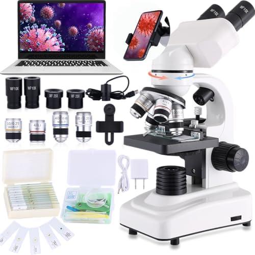 Compound Microscope，40X-2500X ，WF10x and WF25x eyepieces, Dual LED Lighting and Two-Layer Mechanical Stage，Microscope for Adults…