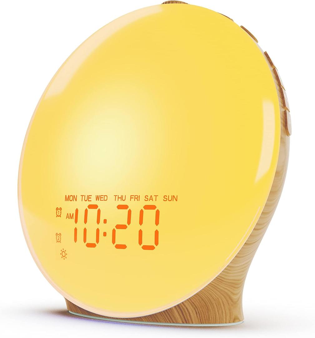 JALL Wake Up Light Sunrise Alarm Clock for Kids, Heavy Sleepers, Bedroom, White Noise Sound Machine with 17 Nihgt Lights, 25 Soothing Sounds, Bluetooth Speaker, Dual Alarms, FM Radio, Wood Grain