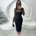 Sexy Lace Dresses for Women Long Sleeve Midi Dress Elegant Bodycon Cocktail Dresses Club Date Night Outfit (Black, XL)
