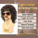 70s Wig for Men Funny Disco Hippie Wigs for Halloween Costume Party Short Brown Culry Wigs with Glasses Mustache Necklace (Brown)