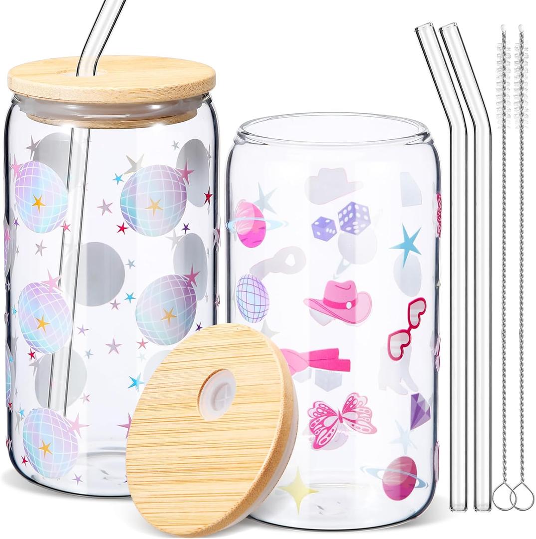 2 Pcs Era Theme Glass Tumbler Gifts 16 oz Can Shape Drinking Glass Cups with Lids and Straws Funny Era Themed Gifts Iced Coffee Mug Water Bottle for Christmas Graduation Birthday Supplies