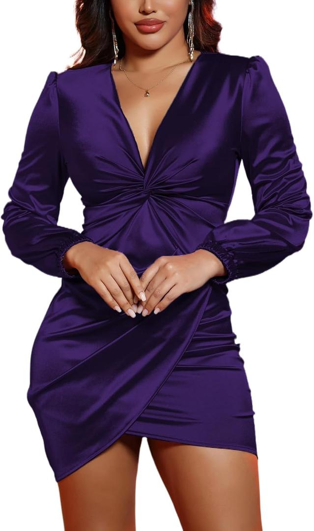 DeftSharp Women's Wedding Guest Dress Long Sleeve Bodycon Cocktail MiDi Dress Womens Elegant Party Dresses (Dark Purple, XL)