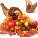 76 Pcs Thanksgiving Fall Cornucopia Basket Set Fall Table Centerpiece 13.78'' Large Thanksgiving Autumn Cornucopia Horn of Plenty Harvest Table Decorations with Pumpkin Fruit Inspirational Sticker