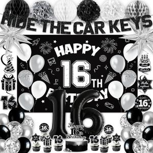 16th Birthday Party Decorations for Boys, Black White 16th Party Supplies with Hide The Car Keys Banner Black 16th Number Balloons Happy 16th Birthday Banner Cake Topper for Boys Girl Birthday Decor
