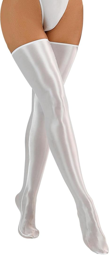 FEOYA Womens Shiny Thigh High Stocking Glossy Metallic Shimmery Stockings Party Club Cosplay (White)