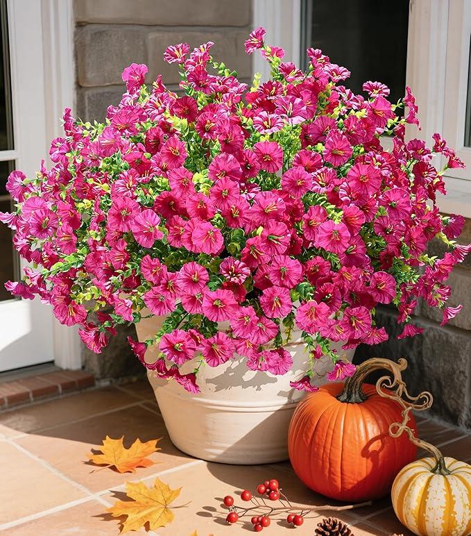 Artificial Flowers Fake Plants for Outdoors Decoration, 12 Bundles Silk Morning Glory with Eucalyptus Realistic UV Resistant Fuchsia Faux Flowers for Outside Planter Yard Patio Garden Home Indoor (Fucshia)