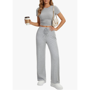 Women's 2 Piece Lounge Set Ruched Short Sleeve Tops High Waisted Wide Leg Pants, Size Medium