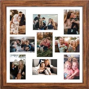 17x17 Picture Frame Display 9 opening 4X6 Picture Frame Collage,Multi Photo Frame with Mat,Plexiglass,Wall Mount Decor,Carbonized Brown Wood Grain